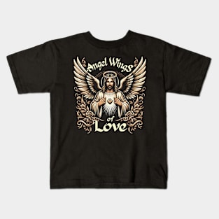 Angel Wings of Love, Jesus with outstretched arms embraces his heart Kids T-Shirt